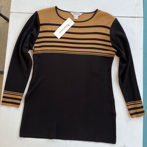 Misook Black & Camel Striped Top | 3/4 Sleeve authentic, RealReal tag attached